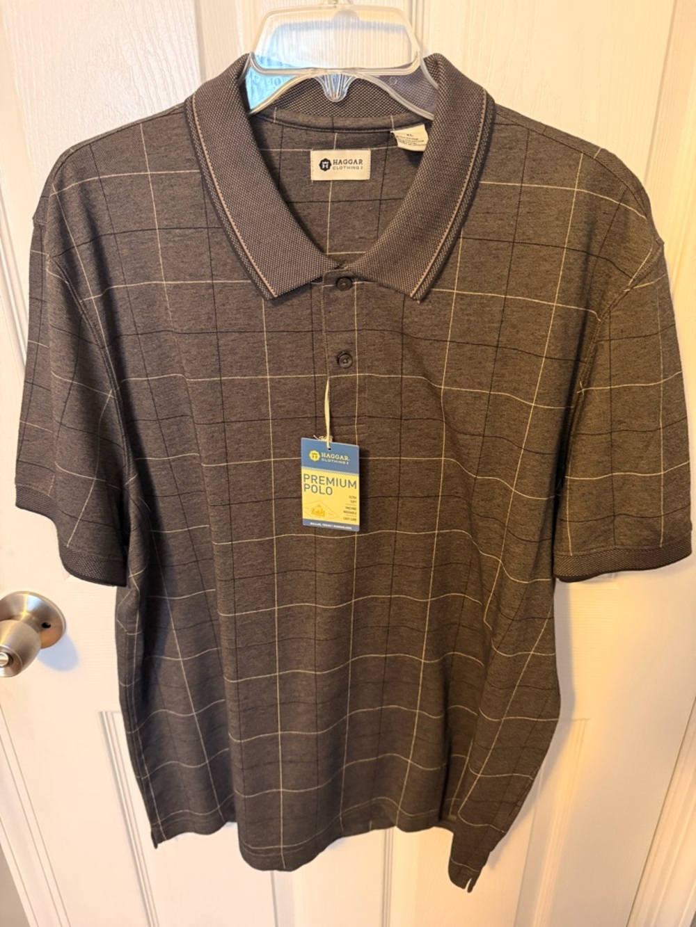 Haggar Brown Grid-Check Short Sleeve Polo